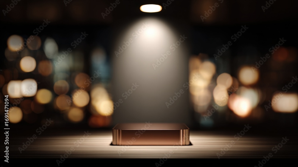 Poster illuminated stage with bokeh cityscape: perfect for product display or presentation backdrop