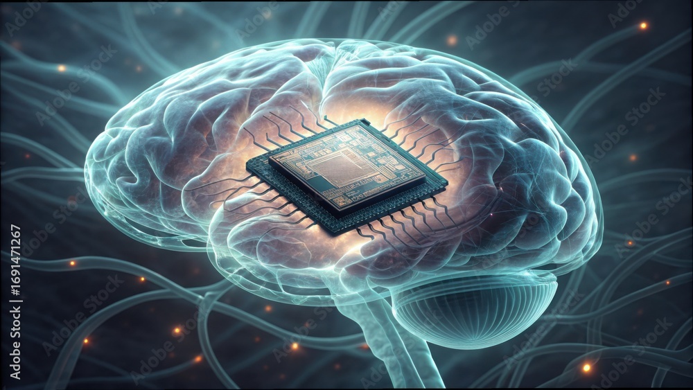 Aufkleber neural microchip floating in 3d neural fluid with abstract design