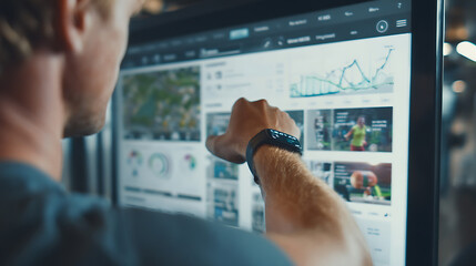 Person interacting with a digital screen displaying data analytics and images