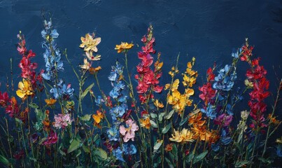 Vibrant wildflowers in a textured dark blue backdrop