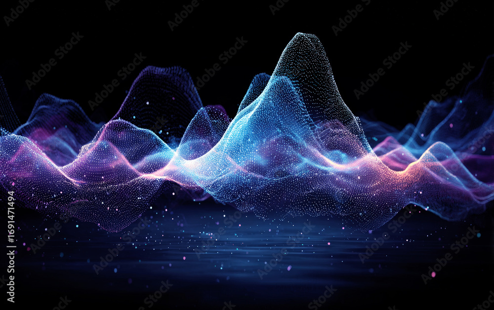 Poster colorful abstract wave pattern with digital particles
