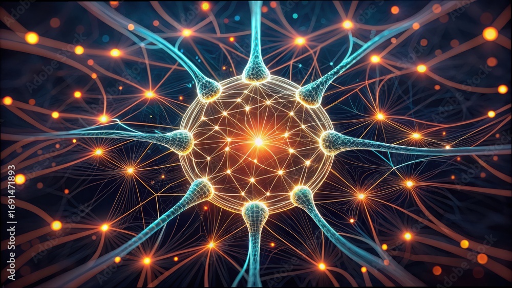 Poster close-up of neural links with electric paths in vivid display