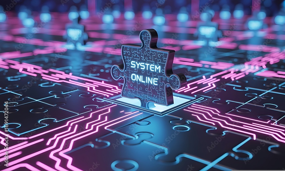 Poster digital puzzle system online concept with circuit board and glowing graphics