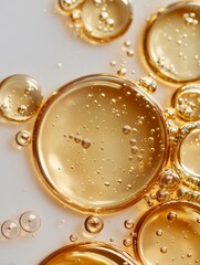 Close-up view of golden gel droplets with bubbles