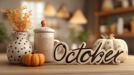 秋の紅葉に染まった木々と小道を描いた自然の風景写真、中央に「October」の文字が浮かぶデザイン、秋の爽やかな季節感を表現した幻想的な素材