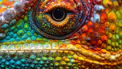 Fototapeta premium Intricate macro close-up of a chameleon's mesmerizing eye, revealing its vibrant, textured skin-scales and a breathtaking spectrum of natural colors