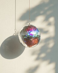 Shiny disco ball hanging with colorful reflections