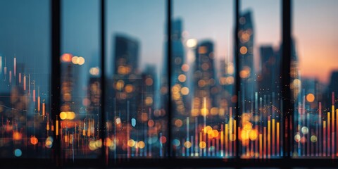 Blurred city view overlaid with financial data