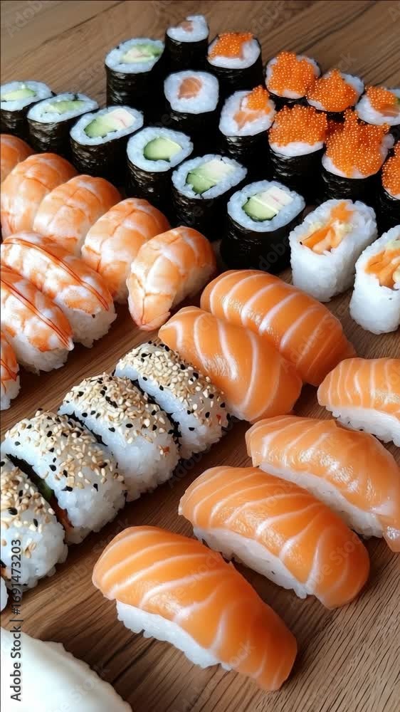 Poster a plate of sushi with a variety of different types of sushi. some of the sushi are orange and some a