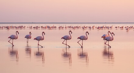 A group of flamingos walking in the water at sunset with a soft pink sky and a flock of birds in the background