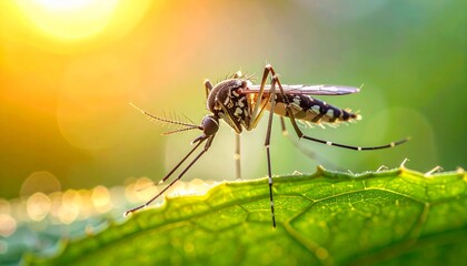 Naklejka premium Close-up macro shot of a mosquito - a common insect - perched delicately on a vibrant green leaf, beautifully highlighted by the golden, glowing morning light