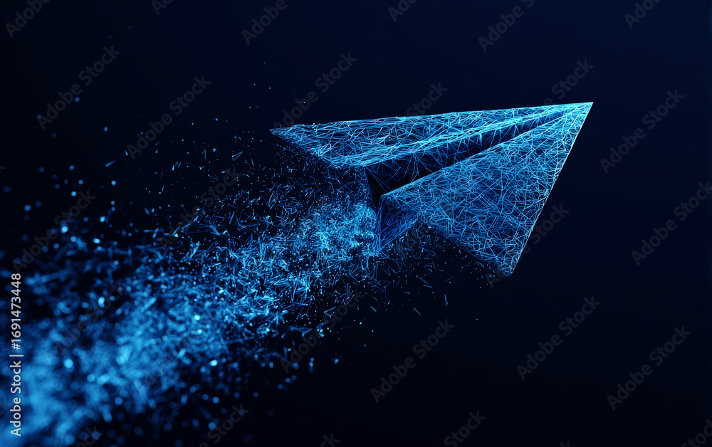 Poster digital paper airplane flying with sparkling trails in dark background