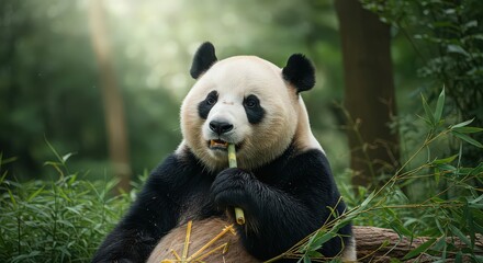 Fototapeta premium A giant panda is eating bamboo shoots in a forest with sunlight shining through the trees