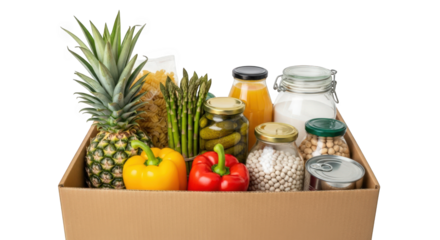 A Generous Food Bank Donation Box Overflowing with Fresh Produce, Canned Goods, and Pantry Staples Against a Checkered Backdrop, Symbolizing Community Support and Nourishment