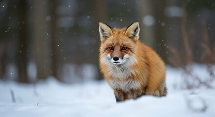 A captivating red fox standing gracefully in the snowcovered forest during winter season, portrait