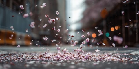 Sakura petals fall on city street