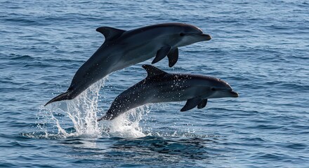 Fototapeta premium Two dolphins leaping out of the water in a synchronized display of aquatic grace and power in the ocean