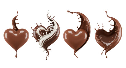 Dynamic Chocolate Heart Splash Collection on Transparent Background, Perfect for Food and Beverage Designs, Showcasing Rich, Decadent Flavors and Artistic Fluidity