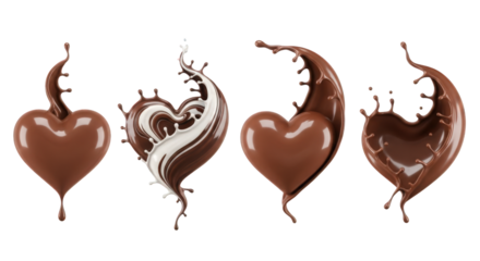Dynamic Chocolate Heart Splash Collection on Transparent Background, Perfect for Food and Beverage Designs, Showcasing Rich, Decadent Flavors and Artistic Fluidity