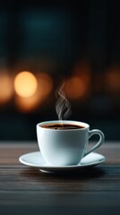 Obraz premium A steaming cup of black coffee on a wooden table
