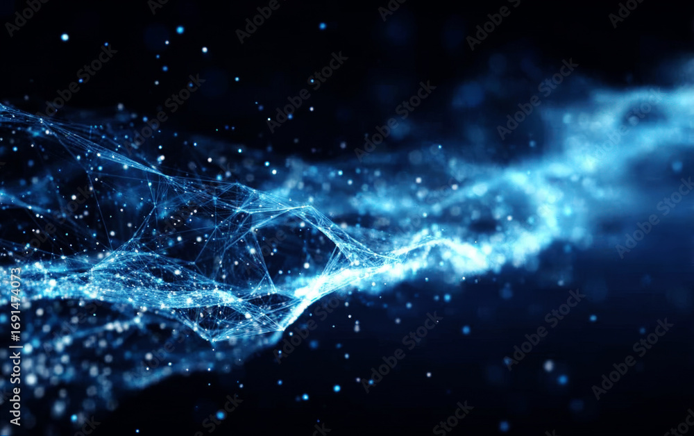 Poster blue abstract digital network with flowing particles