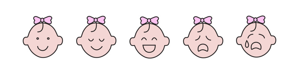 Baby Girl Face Icons – Cute Expressions, Emotions Vector Pack