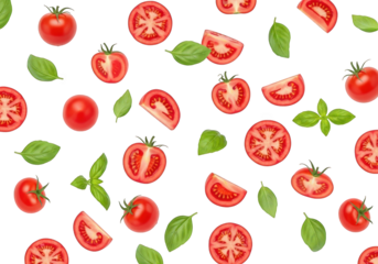 A Vibrant Symphony of Tomatoes and Basil Leaves on a Transparent Canvas A Culinary Mosaic of Freshness and Flavor, Perfect for Food Blogs, Recipes, and Healthy Eating Designs