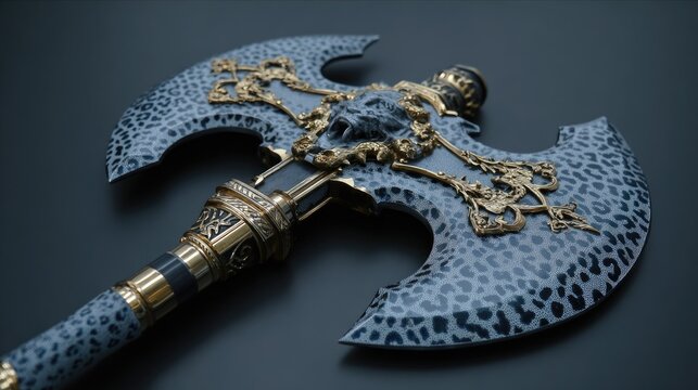 Ornate, two-headed axe with a leopard-print design and gold embellishments