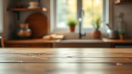 Obraz premium Close-up of a wooden table with soft bokeh in the background, evoking a warm and simple aesthetic.
