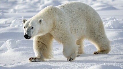 A polar bear walking across a snowy landscape with thick fur and strong paws symbolizing biological adaptation to cold climates