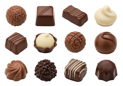Exquisite Assortment of Chocolate Pralines on Transparent Backdrop, Displaying Rich Textures and Decadent Flavors, Perfect for Confectionery and Gourmet Themes