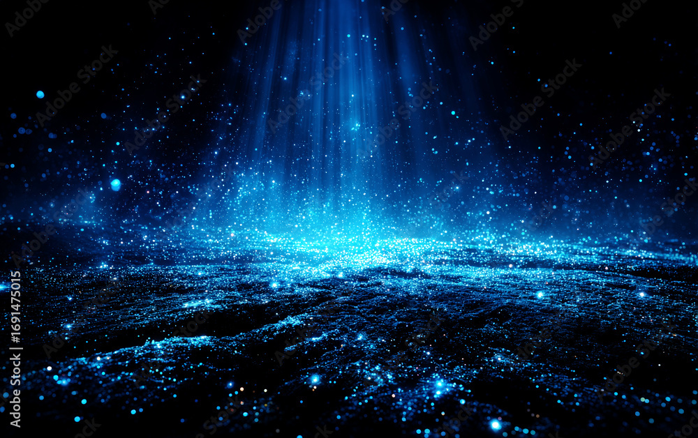 Poster a mesmerizing blue light effect with sparkling particles and rays
