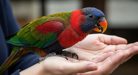 Vibrant Parrot Perched on a Hand, Close-up View