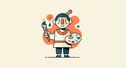 Cartoon Artist Holding Brush and Palette, Smiling, Vector Illustration