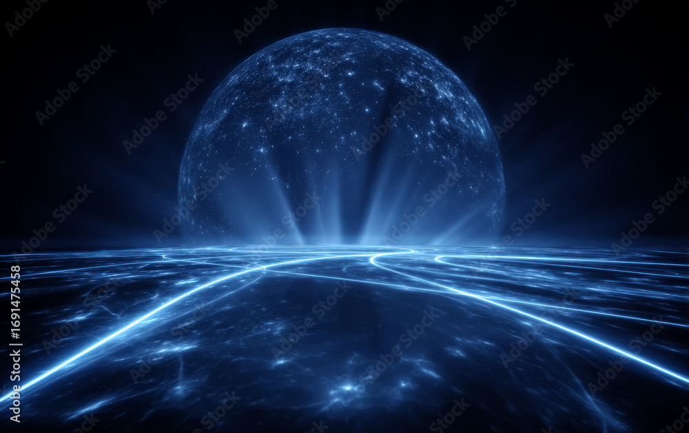 Poster blue glowing spherical object with radiant lines in a dark background