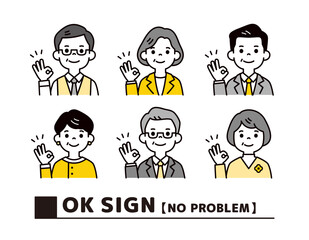 笑顔で了解のポーズをする、中高年の男性と女性の上半身ビジネスアイコンセット＿ベクター