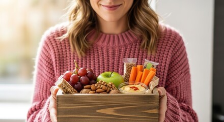 Woman Holding a Wooden Box Filled with Healthy Snacks and Smilin