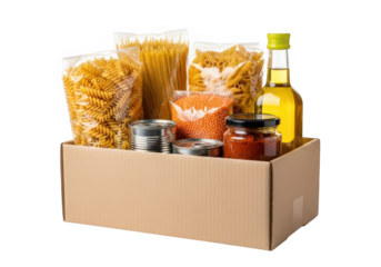 Emergency Food Supply Box A Collection of Essential Non-Perishable Items for Preparedness and Donation on a Transparent Background Ideal for Relief Efforts