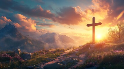 Christian cross sunset sky faith hope love religion mountain