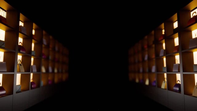 格子状のラックに高級なブランドバッグが永遠と並ぶシームレスなループアニメーション動画
