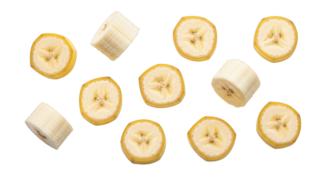 Elevate Your Designs with Fresh Banana Slices A Collection of Perfectly Cut Pieces for Healthy Eating Concepts and Tropical Fruit Illustrations on Transparent Backdrop