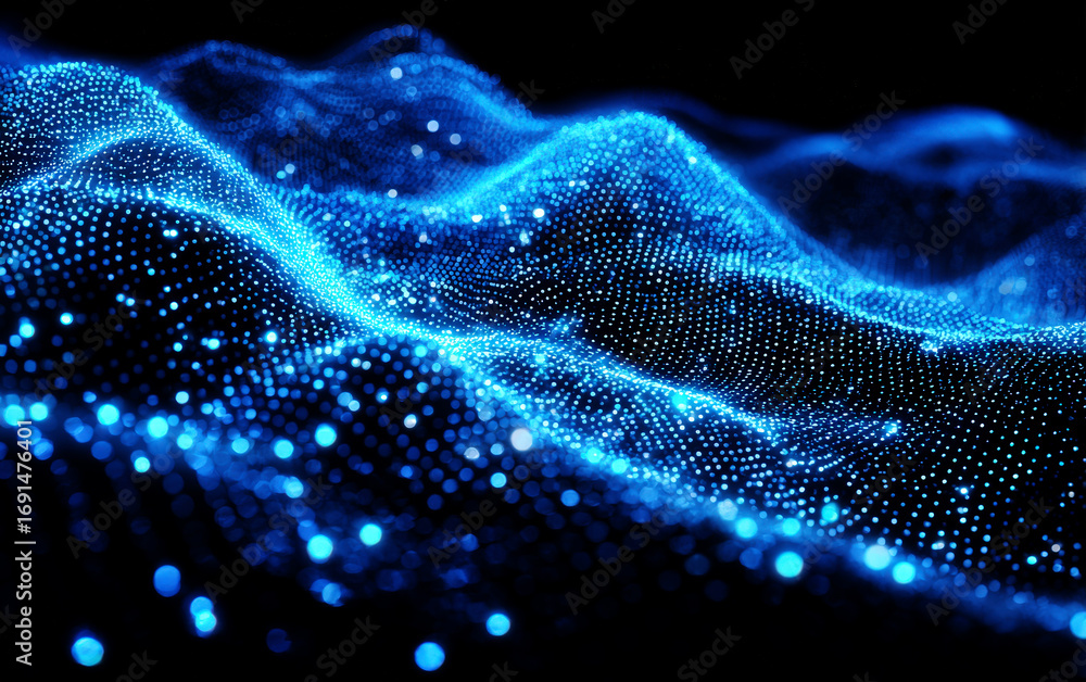 Poster blue digital waves and particles representing technological data flow