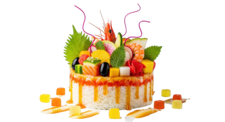 An Artistic Sushi Cake Extravaganza A Towering Sushi Cake Adorned with Fresh Seafood Vegetables and Garnishes Against a Transparent Backdrop