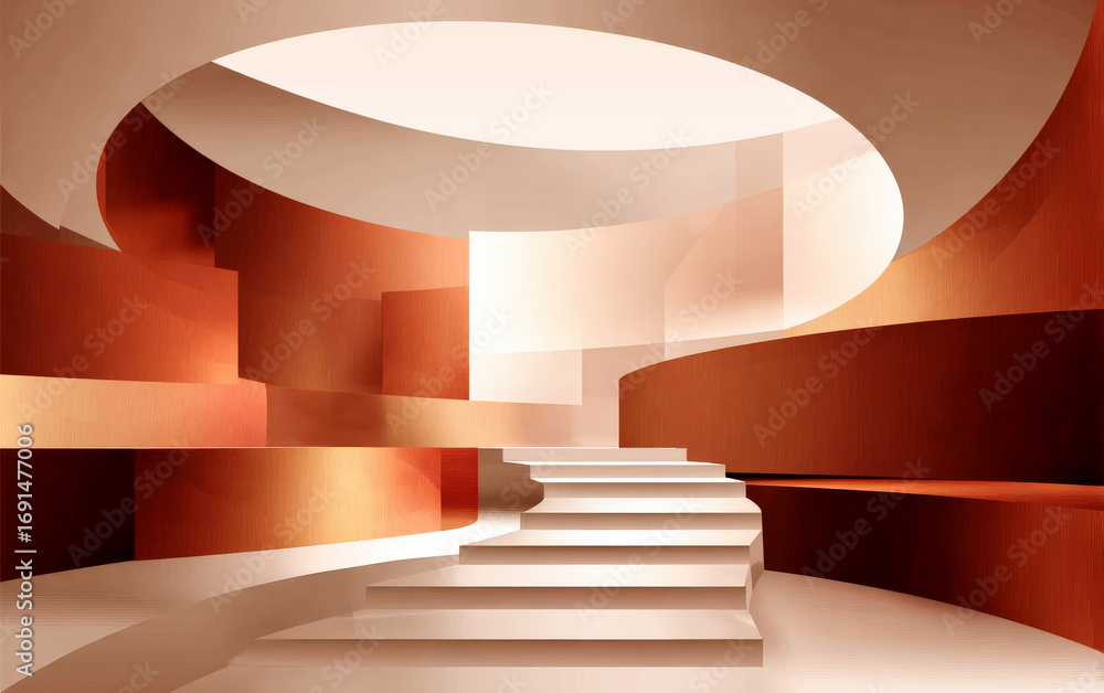 Poster modern and abstract interior space with curved structures and steps