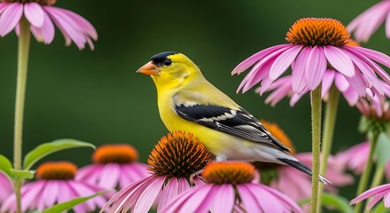 Goldfinch on Coneflower - A Summer Wildlife Scene.