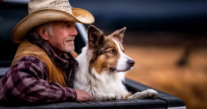Slow-motion  portrait of an older male farmer sitting on the tailgate of a pickup truck in a field at dusk, with his alert border collie companion by his side; dramatic lighting,  color grading