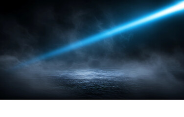 Abstract Blue Beam of Light Illuminating a Smoky, Dark Atmosphere with Fog on the Ground