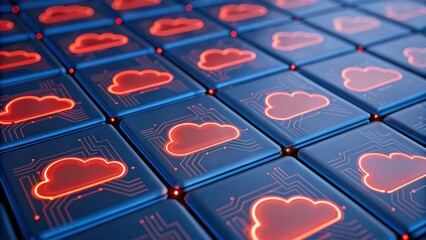 Serverless cloud security neon icon grid glowing circuitry pattern abstract background modern tech mood
