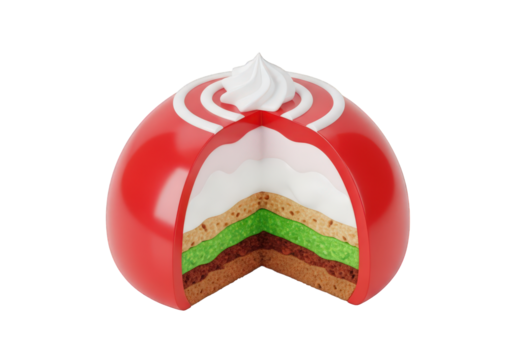 Exquisite 3D Rendering of a Layered Cake Slice with Red Glaze and Cream Topping, Ideal for Dessert Illustrations and Confectionery Designs on Transparent Backdrop