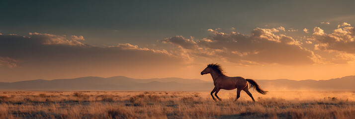 Wild Horse Galloping at Sunset: A majestic wild horse gallops freely across an open field, silhouetted against a dramatic sunset, embodying freedom and the untamed spirit of the American West.